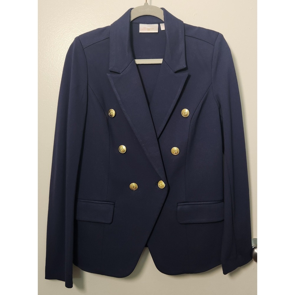 Belle Kim Gravel Navy Blue Ponte Double‎ Breasted Blazer Gold Anchor Buttons Sm